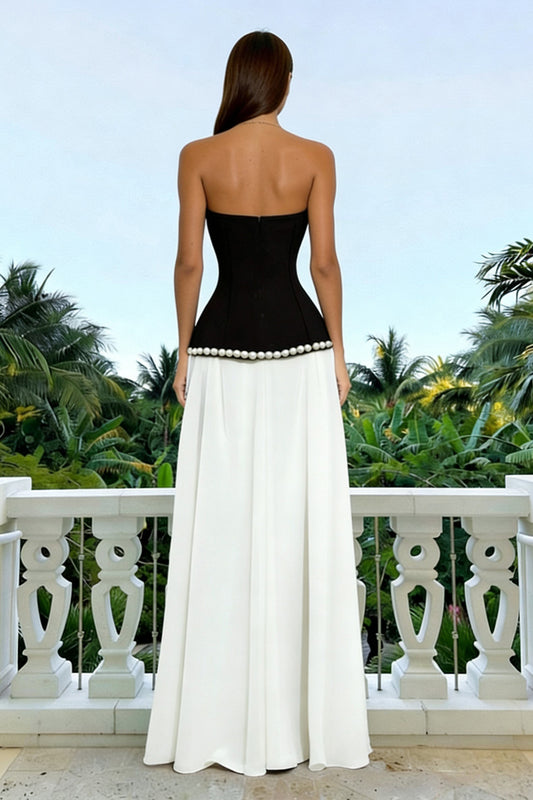 Sparkly Black and White Sweetheart Sheath Long Formal Dress with Pearls