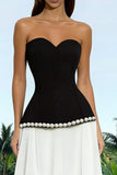 Sparkly Black and White Sweetheart Sheath Long Formal Dress with Pearls