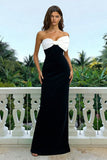 Black and White Sheath Strapless Long Formal Dress with Bow