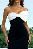 Black and White Sheath Strapless Long Formal Dress with Bow