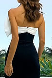 Black and White Sheath Strapless Long Formal Dress with Bow