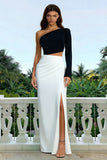 Black and White One Shoulder Cut Out Long Formal Dress with Slit
