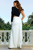 Black and White One Shoulder Cut Out Long Formal Dress with Slit