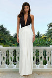 Black and White Sheath Halter Neck Pleated Long Formal Dress