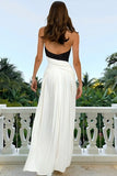 Black and White Sheath Halter Neck Pleated Long Formal Dress