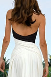 Black and White Sheath Halter Neck Pleated Long Formal Dress