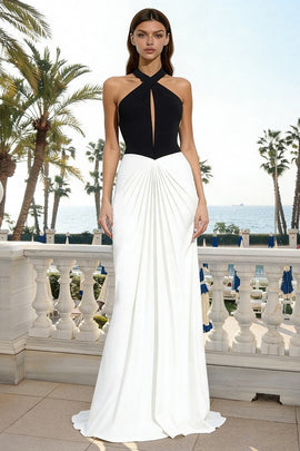 Black and White Halter Neck Backless Long Formal Dress with Keyhole