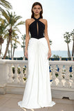 Black and White Halter Neck Backless Long Formal Dress with Keyhole