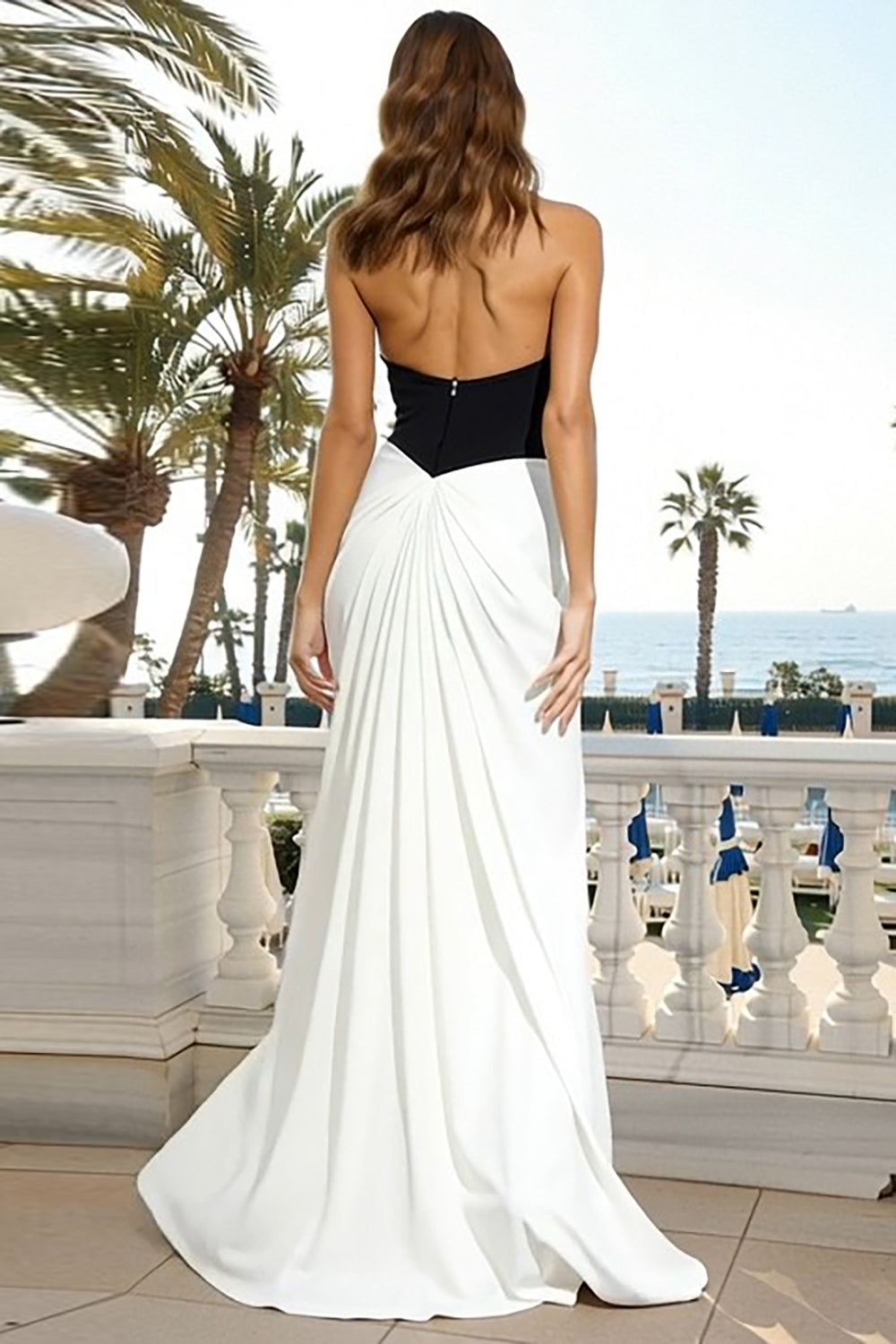 Black and White Halter Neck Backless Long Formal Dress with Keyhole