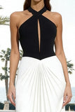Black and White Halter Neck Backless Long Formal Dress with Keyhole