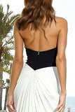 Black and White Halter Neck Backless Long Formal Dress with Keyhole