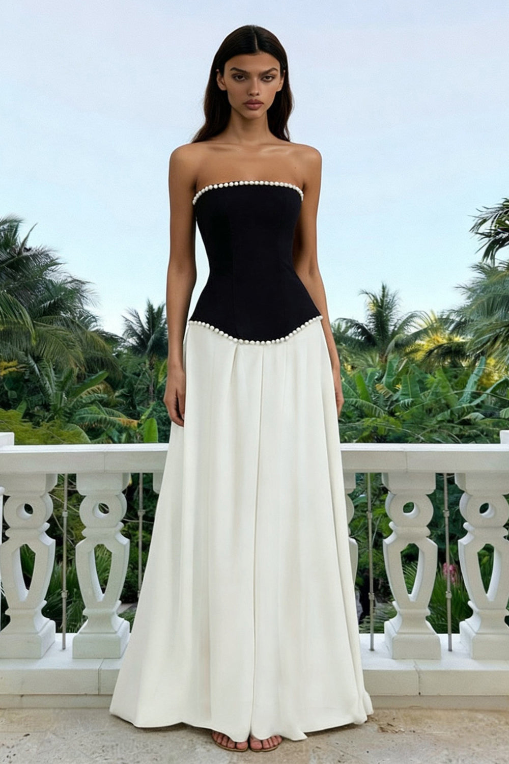 Sparkly Black and White Strapless Long Formal Dress with Pearls