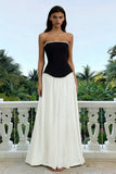 Sparkly Black and White Strapless Long Formal Dress with Pearls