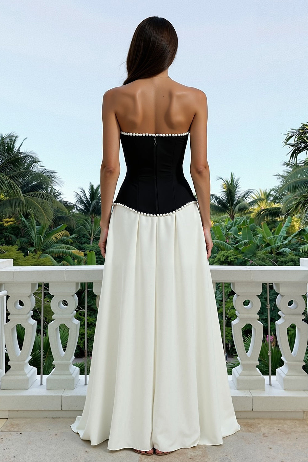 Sparkly Black and White Strapless Long Formal Dress with Pearls