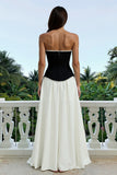 Sparkly Black and White Strapless Long Formal Dress with Pearls