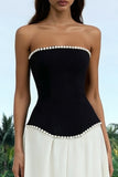 Sparkly Black and White Strapless Long Formal Dress with Pearls