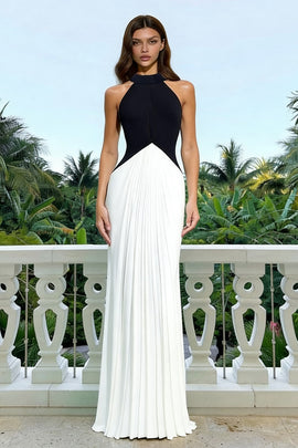 Black and White High Neck Backless Long Formal Dress