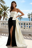 Black and White Strapless Mermaid Long Formal Dress with Bow