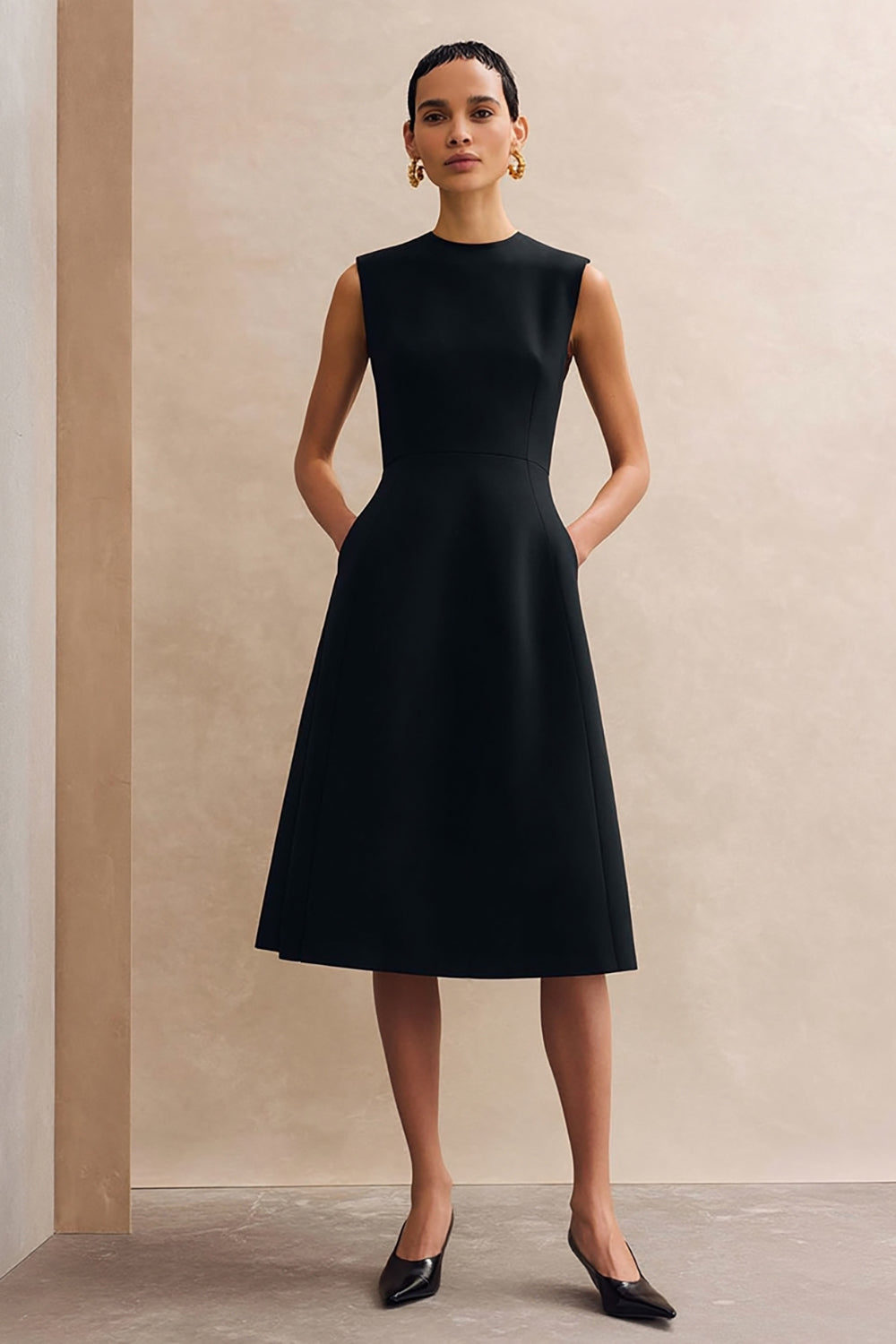 Black Crew Neck Midi A Line Work Dress