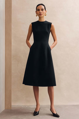Black Crew Neck Midi A Line Work Dress
