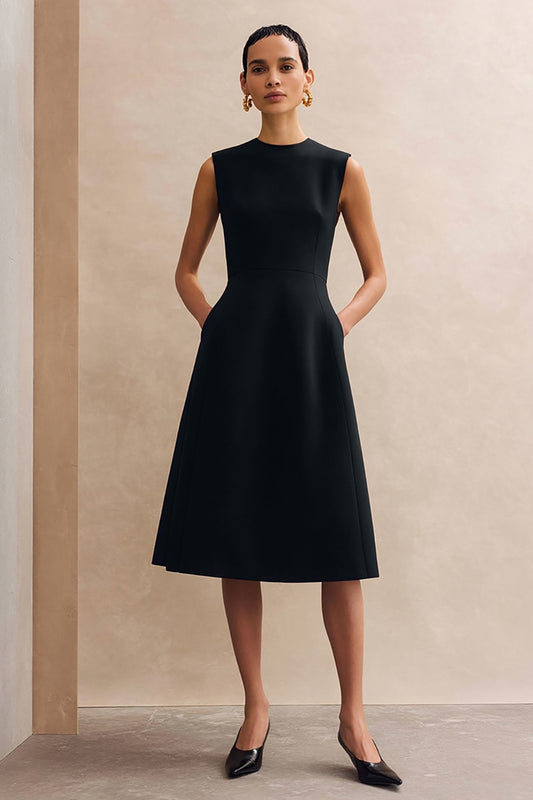 Black Crew Neck Midi A Line Work Dress