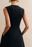 Black Crew Neck Midi A Line Work Dress