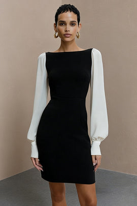 Black and White Bateau Neck Pencil Short Work Dress with Sleeves