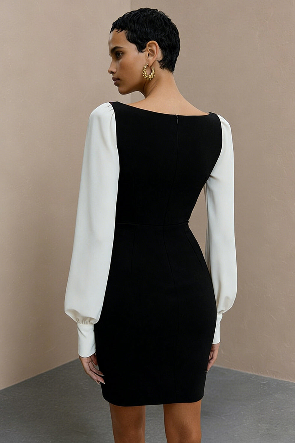 Black and White Bateau Neck Pencil Short Work Dress with Sleeves