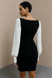 Black and White Bateau Neck Pencil Short Work Dress with Sleeves