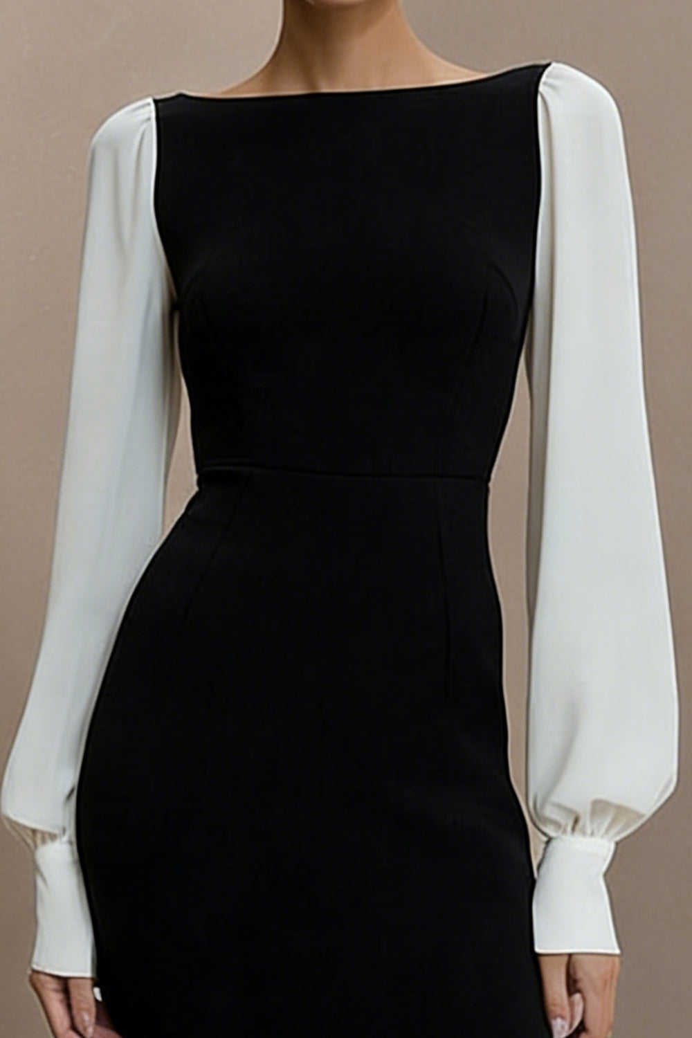 Black and White Bateau Neck Pencil Short Work Dress with Sleeves