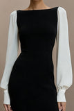 Black and White Bateau Neck Pencil Short Work Dress with Sleeves