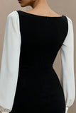 Black and White Bateau Neck Pencil Short Work Dress with Sleeves