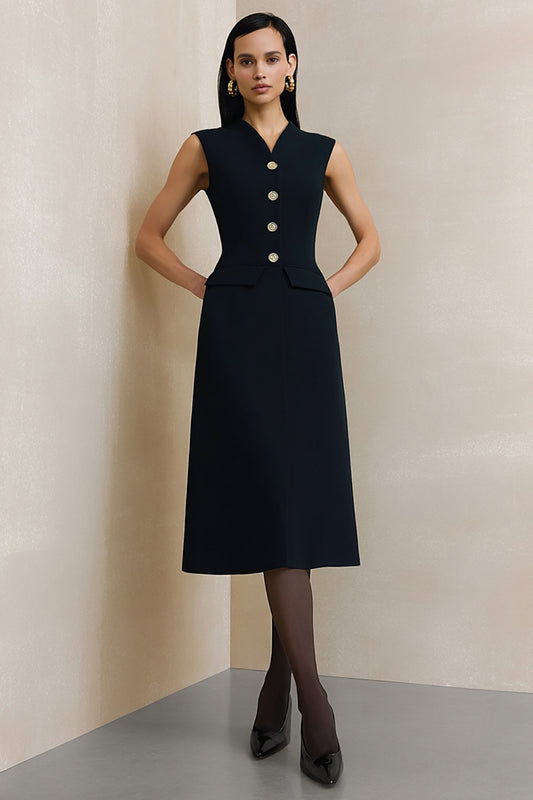 Black V-Neck A Line Midi Work Dress with Buttons