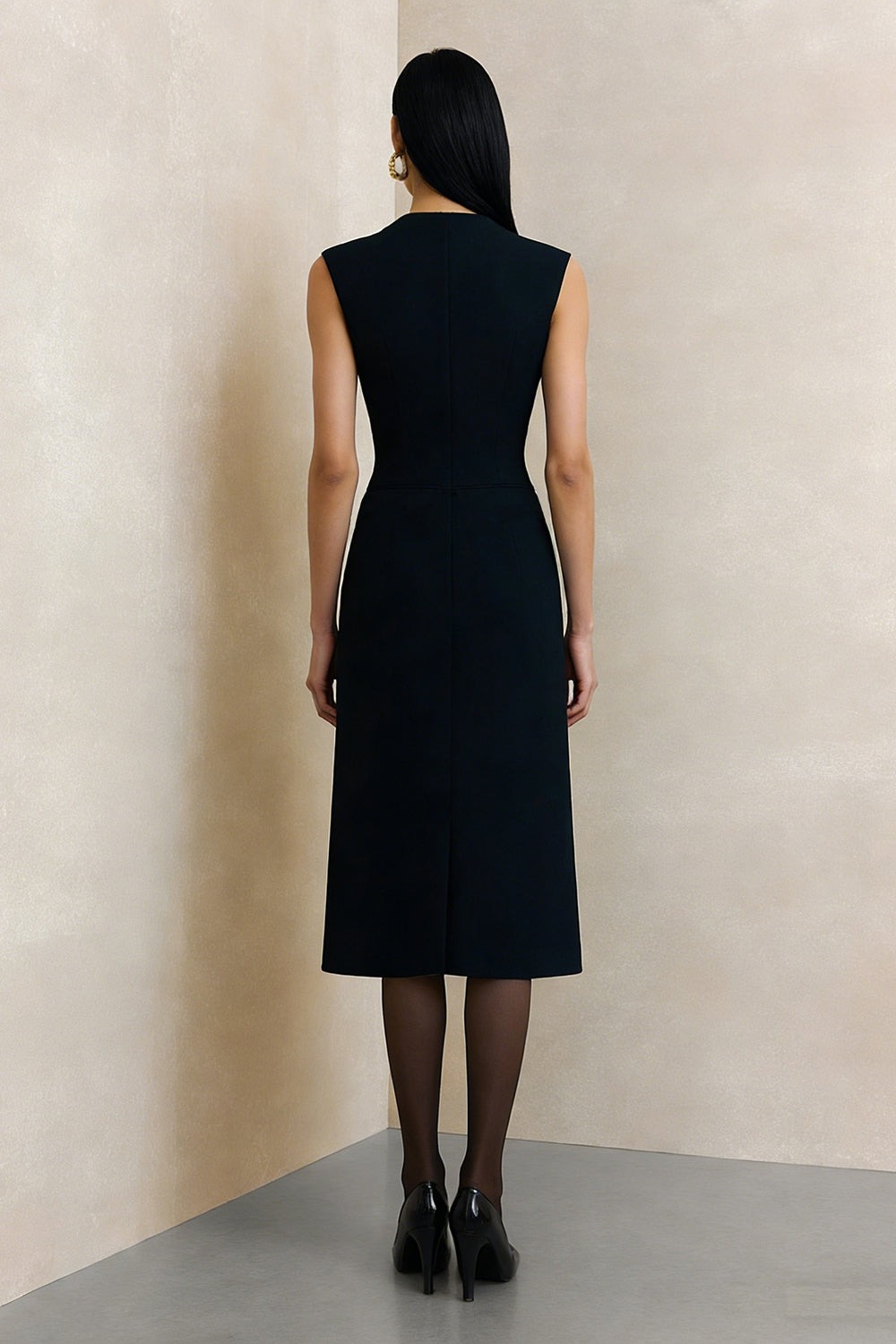 Black V-Neck A Line Midi Work Dress with Buttons Black V-Neck A Line Midi Work Dress with Buttons