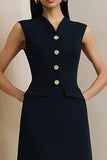 Black V-Neck A Line Midi Work Dress with Buttons