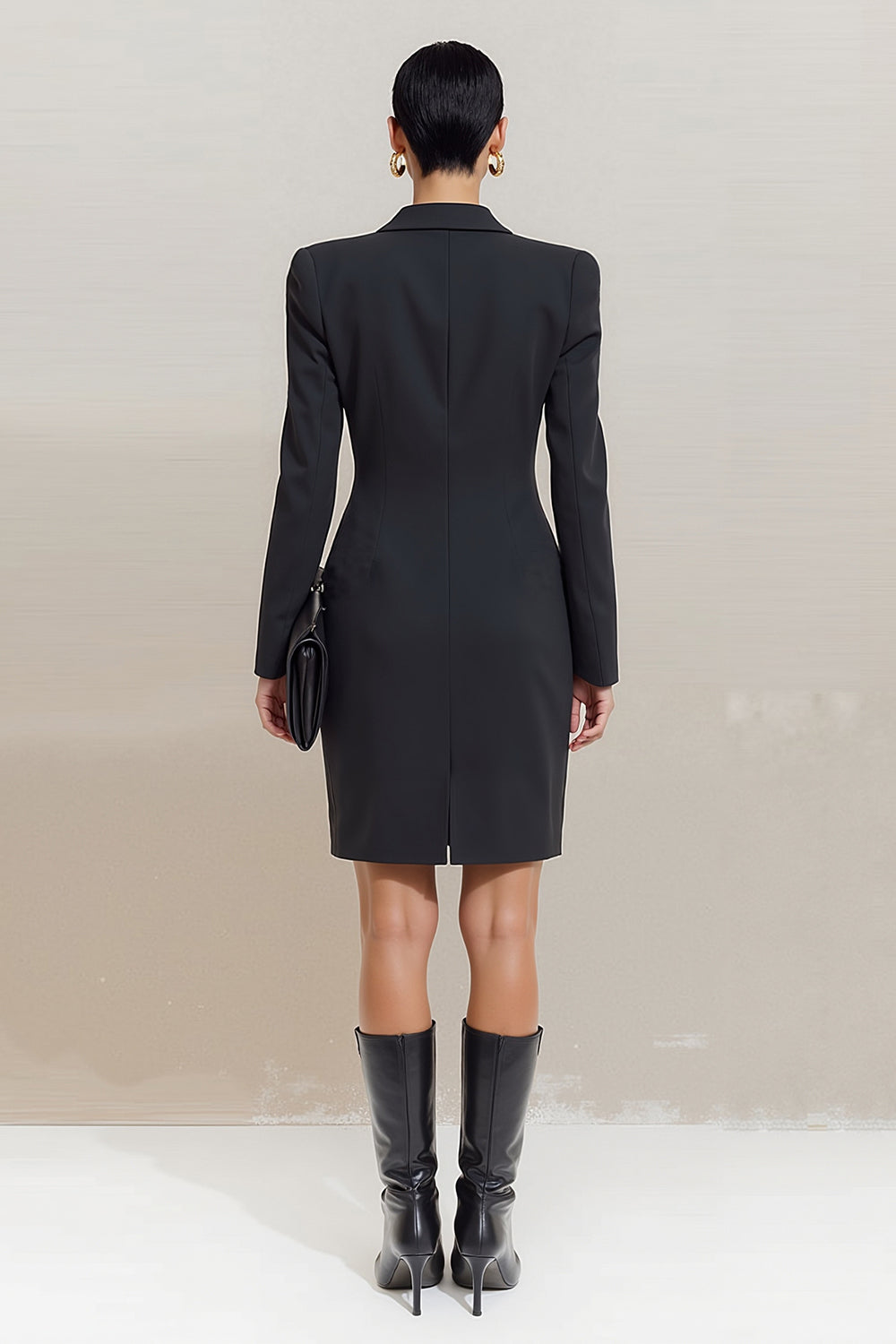 Black Peak Lapel Double Breasted Short Blazer Dress with Sleeves