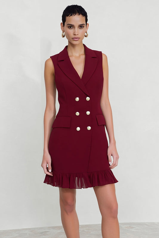 Burgundy Notched Lapel Double Breasted Short Blazer Dress with Ruffles