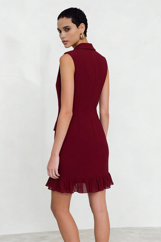 Burgundy Notched Lapel Double Breasted Short Blazer Dress with Ruffles
