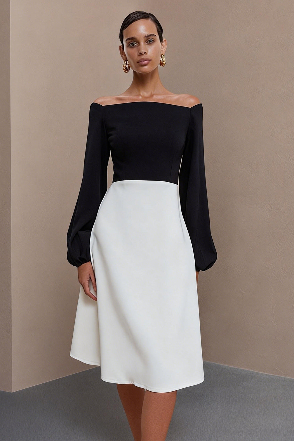 Black and White Off the Shoulder A Line Midi Work Dress with Sleeves