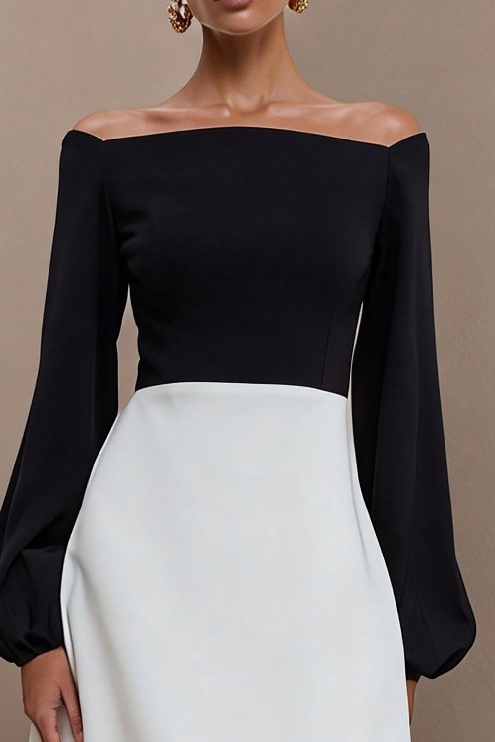 Black and White Off the Shoulder A Line Midi Work Dress with Sleeves