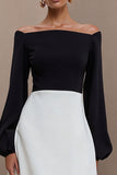 Black and White Off the Shoulder A Line Midi Work Dress with Sleeves