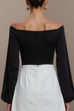 Black and White Off the Shoulder A Line Midi Work Dress with Sleeves