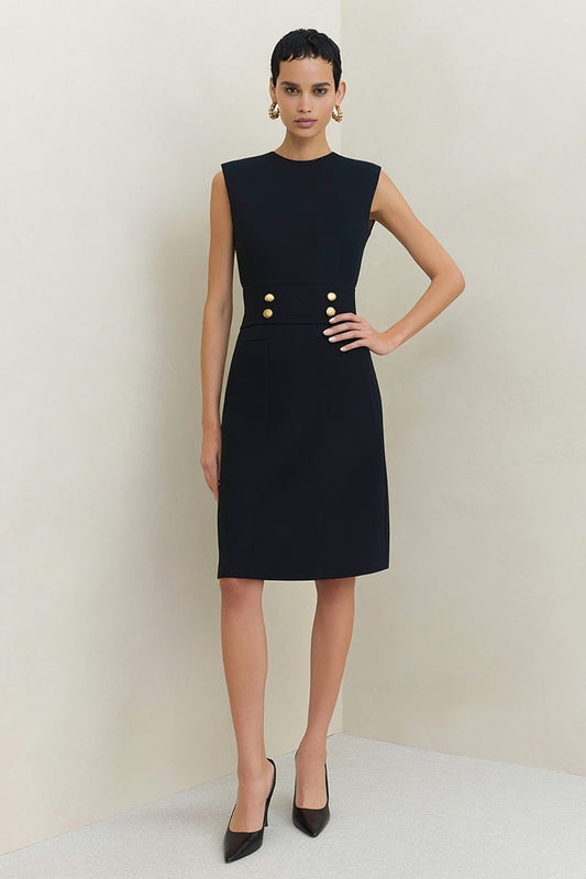 Black Pencil Crew Neck Midi Work Dress with Buttons
