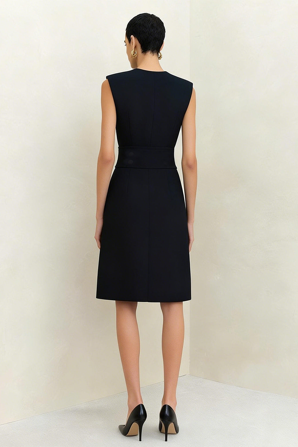 Black Pencil Crew Neck Midi Work Dress with Buttons