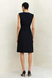 Black Pencil Crew Neck Midi Work Dress with Buttons