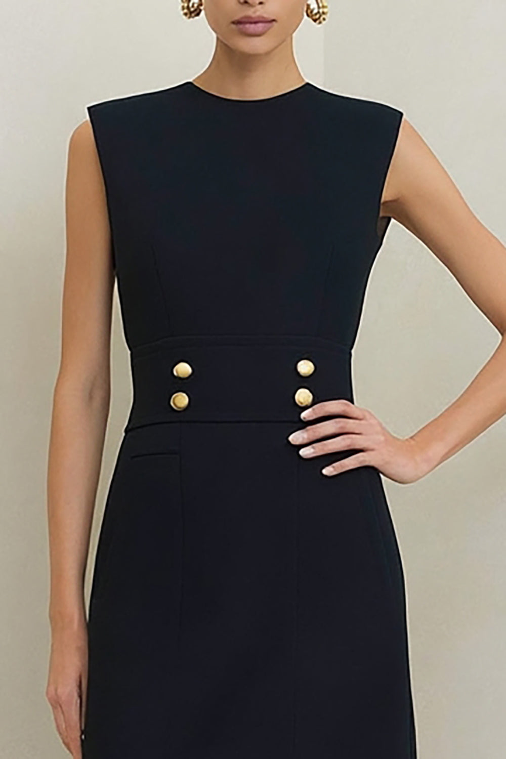 Black Pencil Crew Neck Midi Work Dress with Buttons