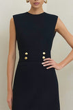 Black Pencil Crew Neck Midi Work Dress with Buttons
