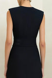 Black Pencil Crew Neck Midi Work Dress with Buttons