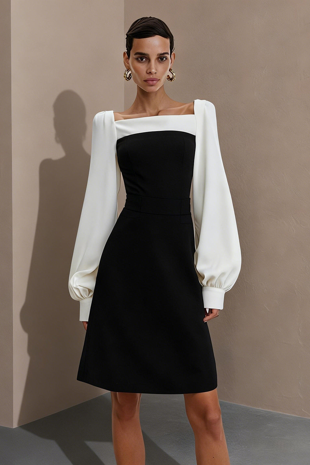 Black and White Square Neck Short Work Dress with Sleeves