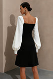 Black and White Square Neck Short Work Dress with Sleeves